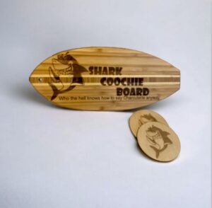 shark coochie surfer board laser engraved and 2 coasters