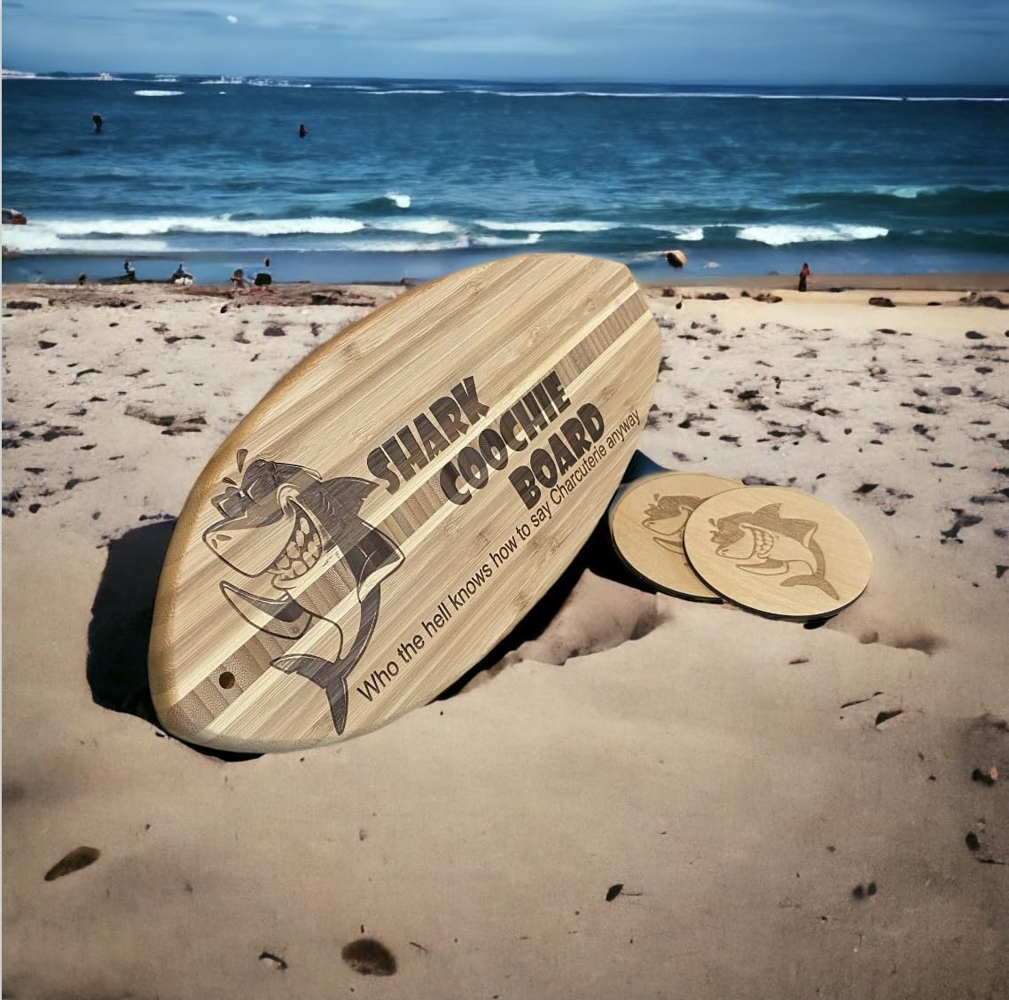 Shark Coochie Surfer Board Laser Engraved and 2 Coasters