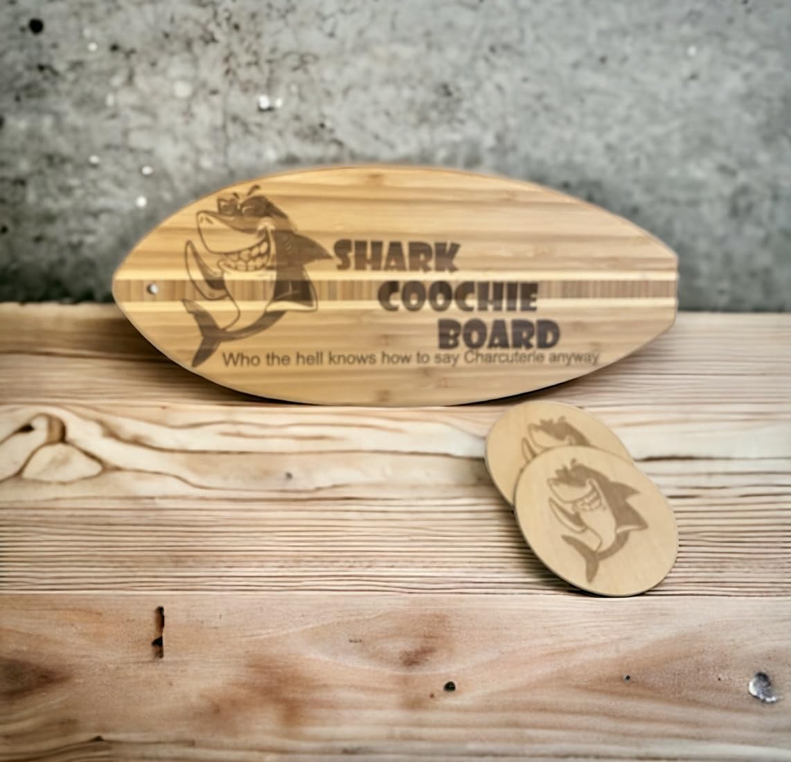 Shark Coochie Surfer Board Laser Engraved and 2 Coasters
