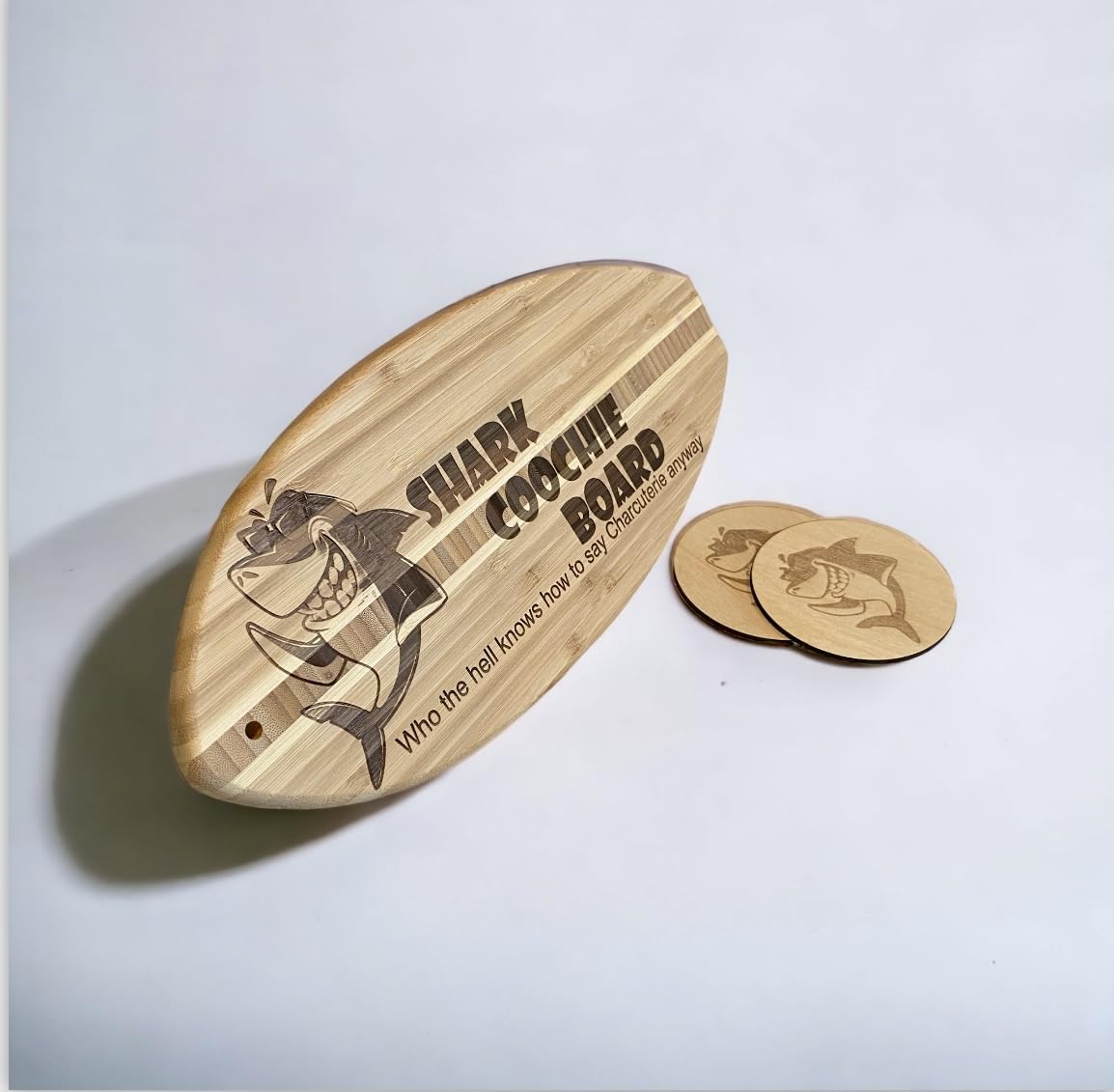 Shark Coochie Surfer Board Laser Engraved and 2 Coasters