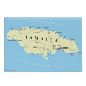 ambesonne jamaican cutting board, map of jamaica kingston caribbean sea important locations in country, decorative tempered glass cutting and serving board, large size, pale blue beige black
