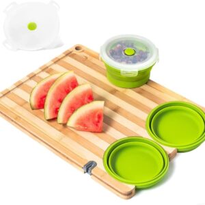 Over The Sink Bamboo Cutting Board with Collapsible Containers With Seal Tight Lids