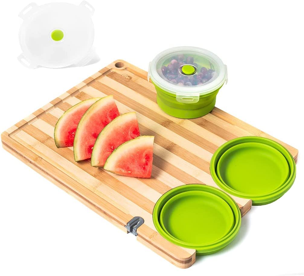 Over The Sink Bamboo Cutting Board with Collapsible Containers With Seal Tight Lids