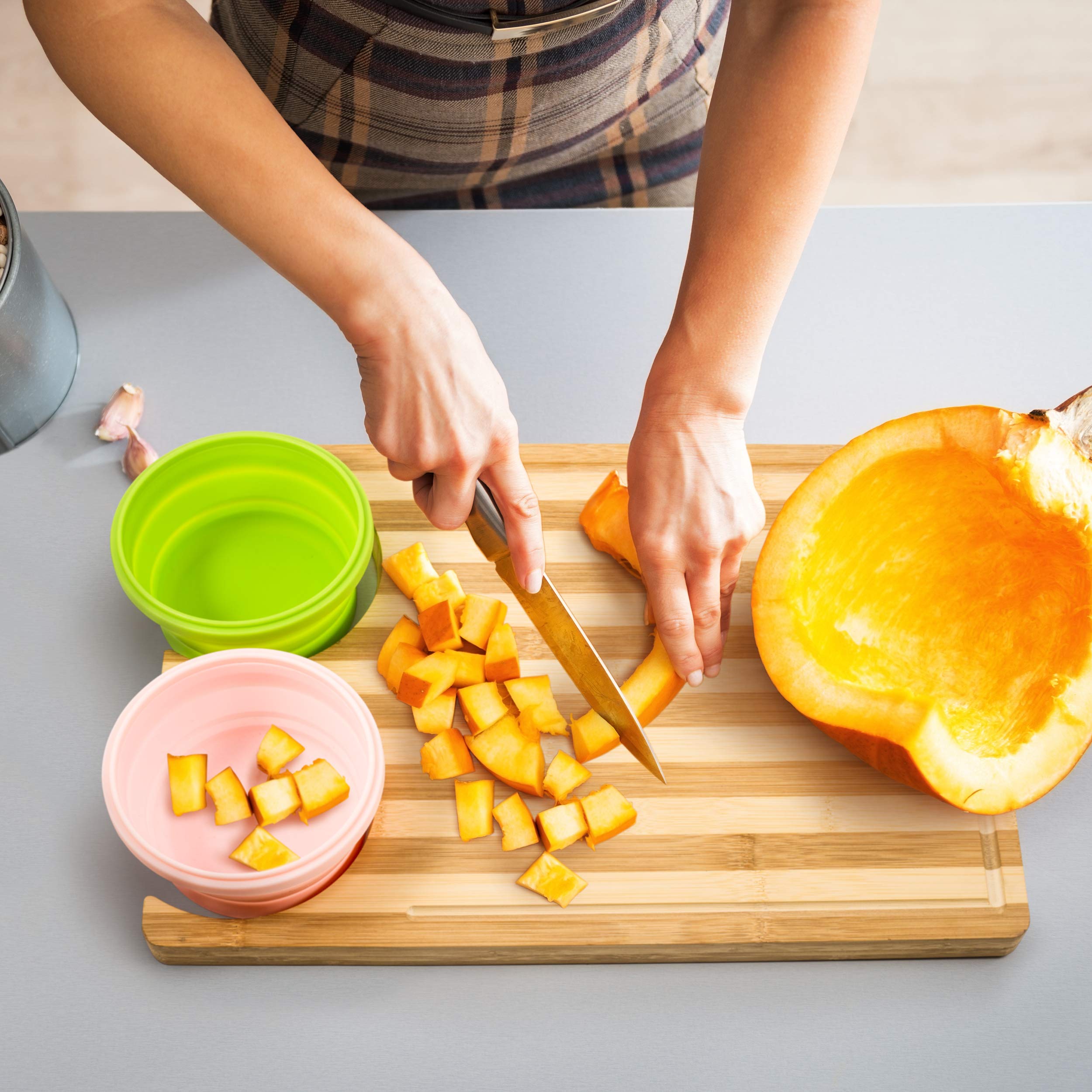 Over The Sink Bamboo Cutting Board with Collapsible Containers With Seal Tight Lids