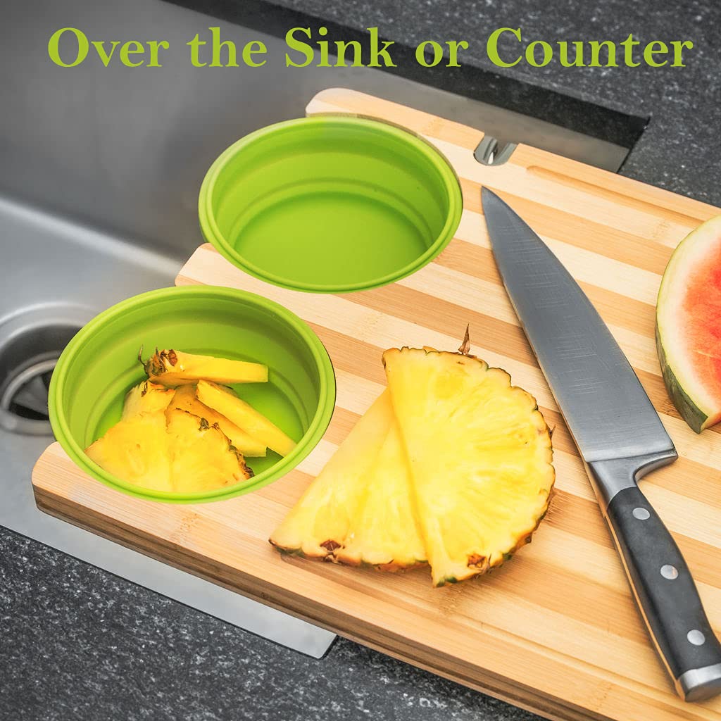 Over The Sink Bamboo Cutting Board with Collapsible Containers With Seal Tight Lids