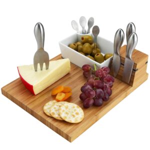 picnic at ascot original bamboo cheese board with knife set, ceramic bowl & cocktail sticks- designed & quality approved in the usa