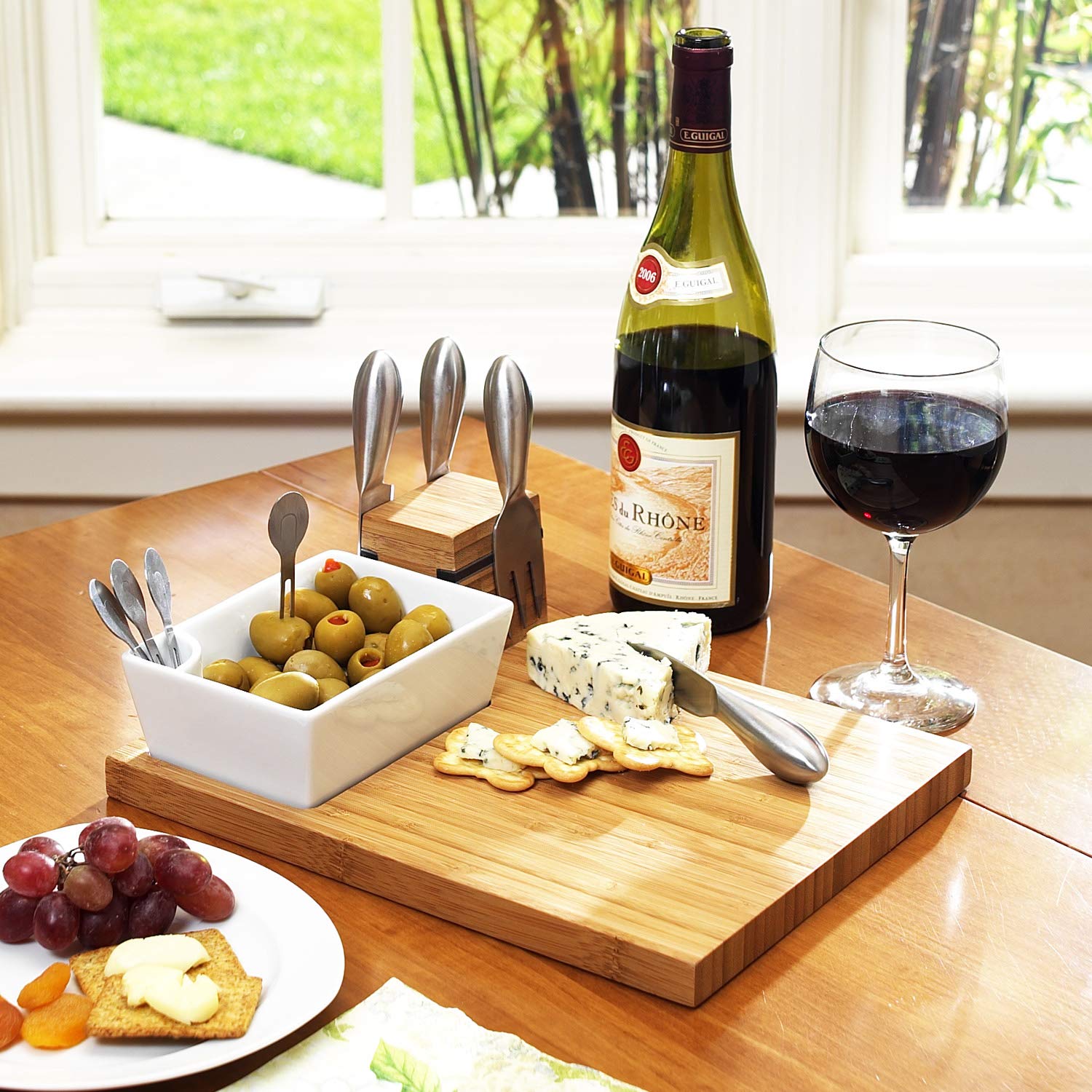 Picnic at Ascot Original Bamboo Cheese Board with Knife Set, Ceramic Bowl & Cocktail Sticks- Designed & Quality Approved in the USA