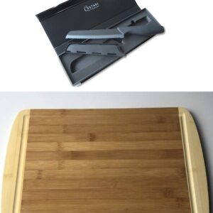 Cutting Board Set: Advanced Ceramic Serrated Bread Knife and Natural Bamboo Cutting Board - the Perfect Combination