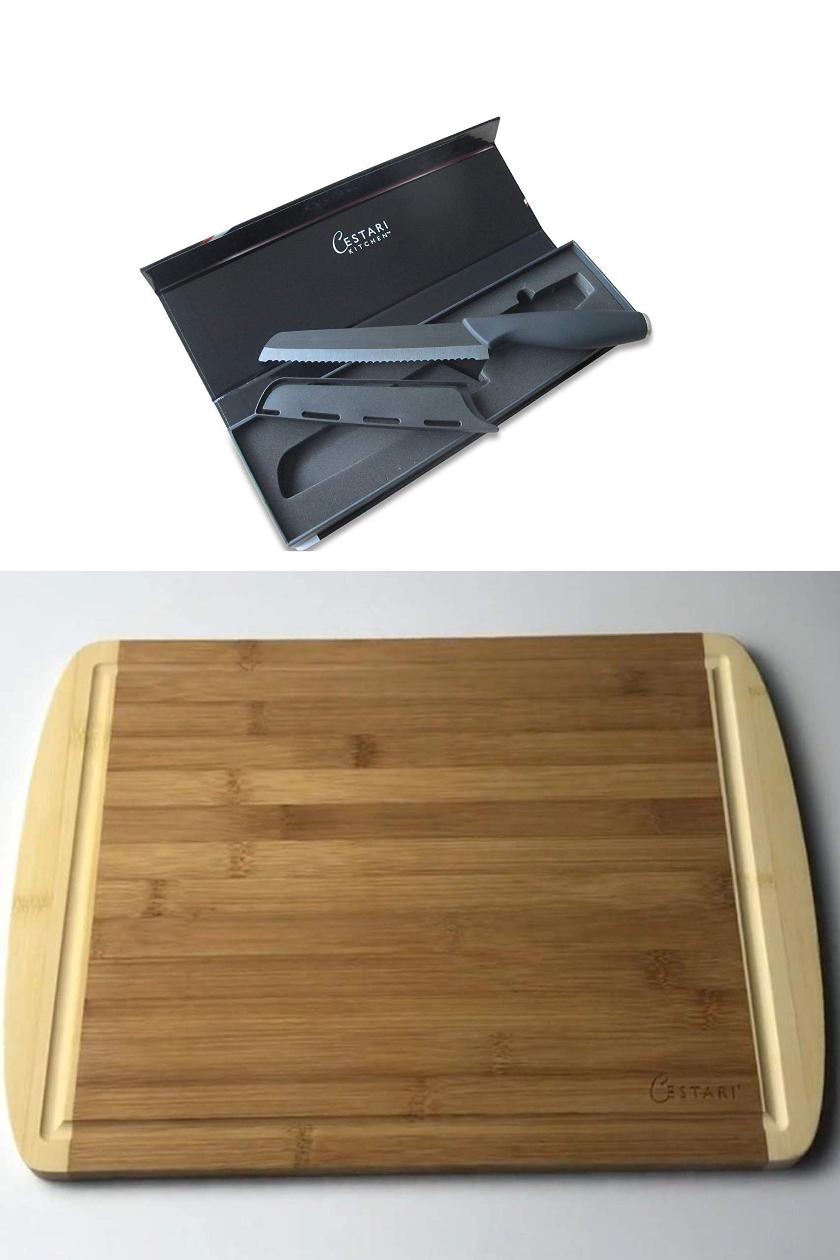 Cutting Board Set: Advanced Ceramic Serrated Bread Knife and Natural Bamboo Cutting Board - the Perfect Combination