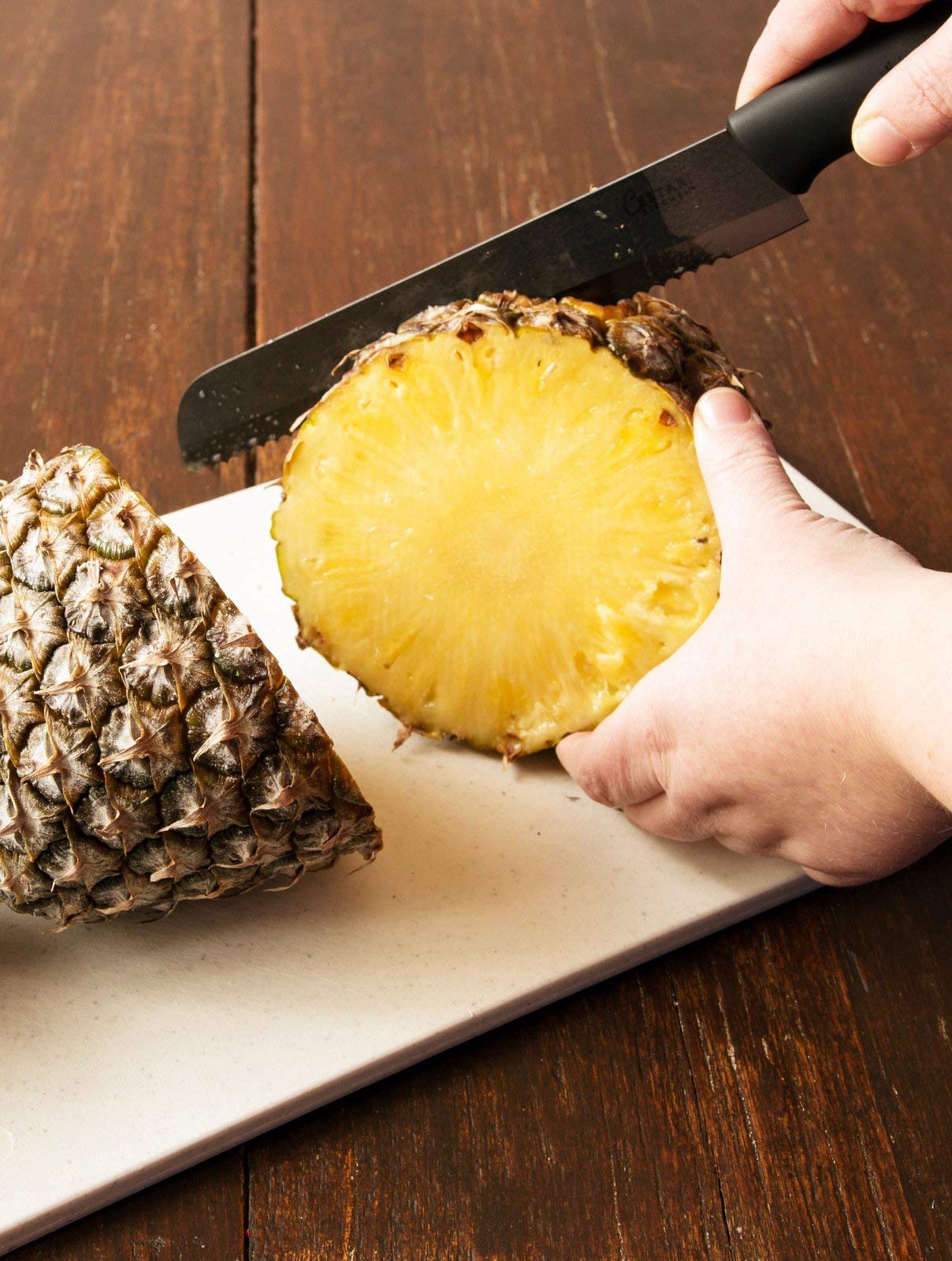 Cutting Board Set: Advanced Ceramic Serrated Bread Knife and Natural Bamboo Cutting Board - the Perfect Combination