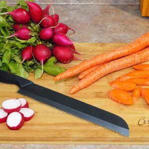 Cutting Board Set: Advanced Ceramic Serrated Bread Knife and Natural Bamboo Cutting Board - the Perfect Combination