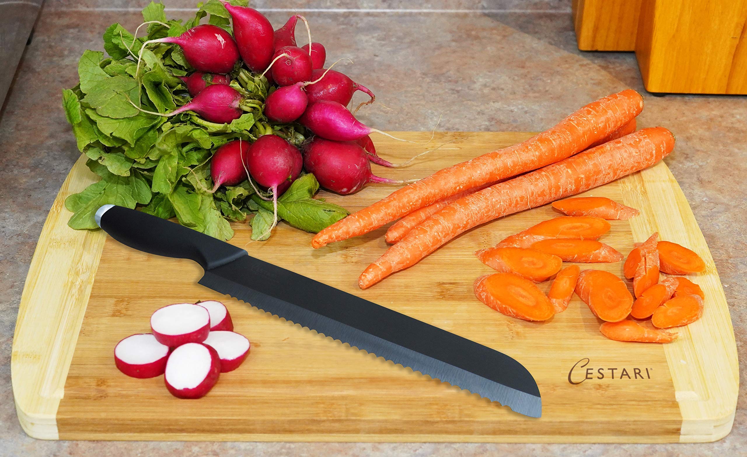 Cutting Board Set: Advanced Ceramic Serrated Bread Knife and Natural Bamboo Cutting Board - the Perfect Combination