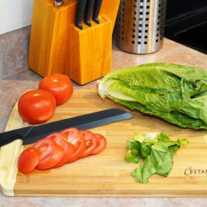 Cutting Board Set: Advanced Ceramic Serrated Bread Knife and Natural Bamboo Cutting Board - the Perfect Combination