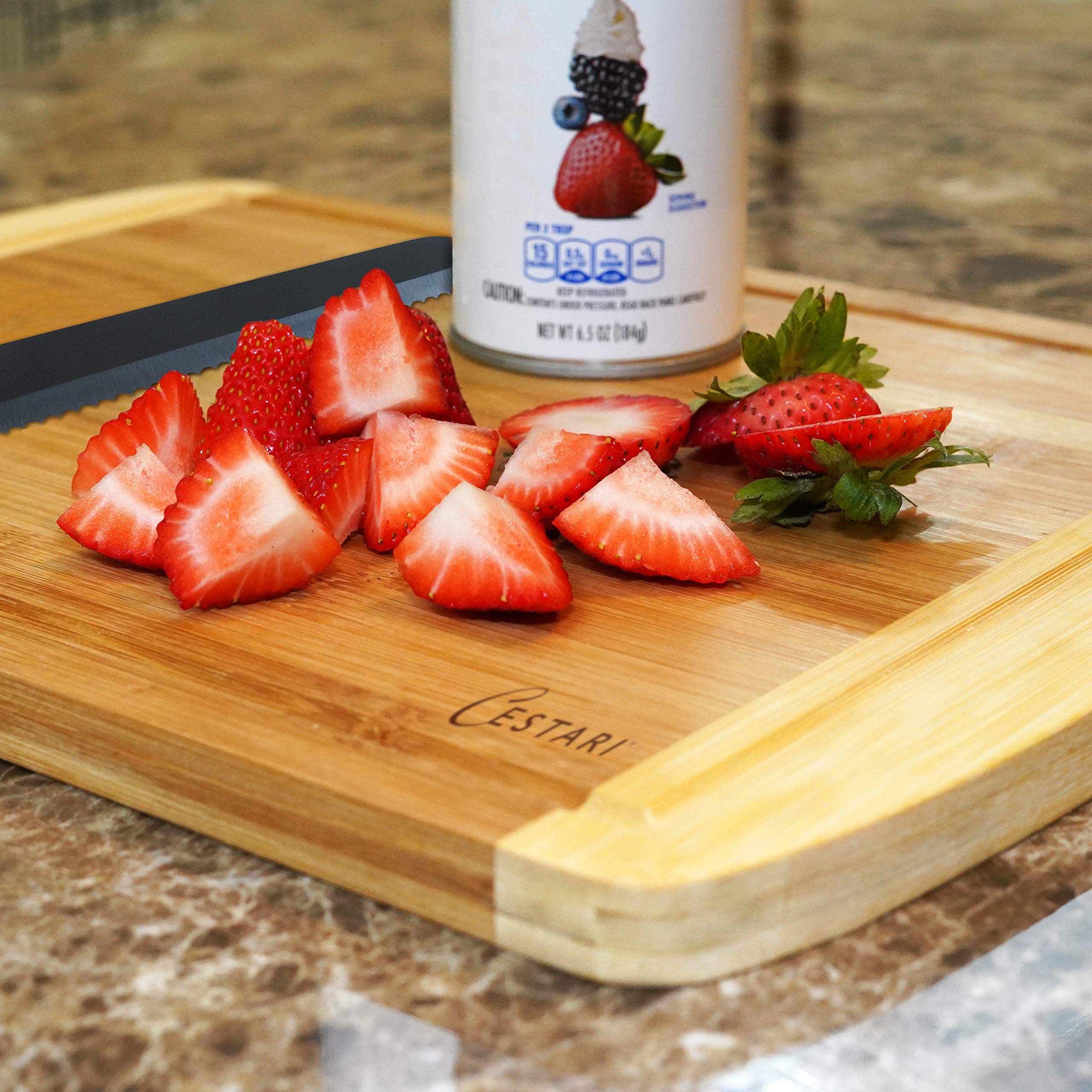 Cutting Board Set: Advanced Ceramic Serrated Bread Knife and Natural Bamboo Cutting Board - the Perfect Combination