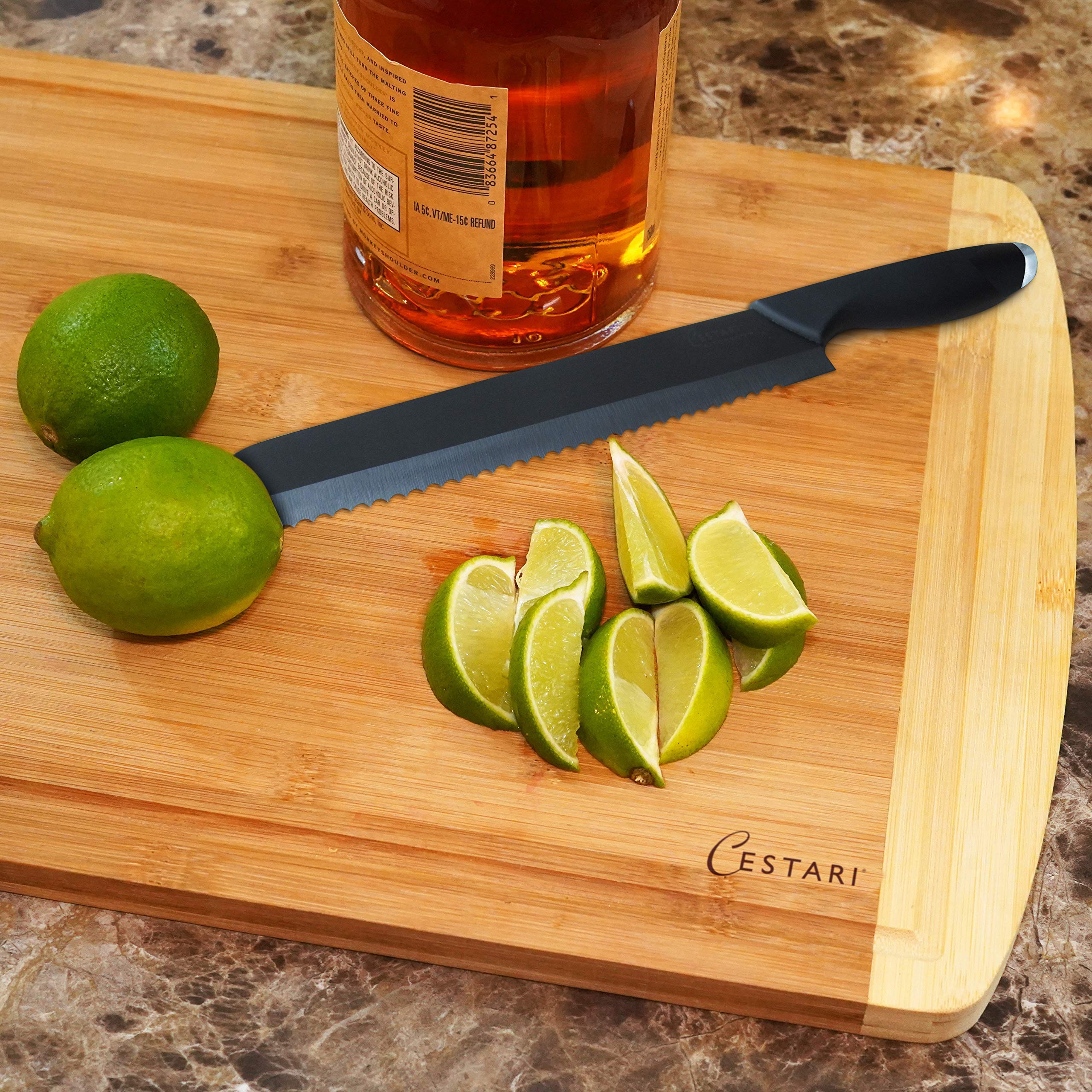 Cutting Board Set: Advanced Ceramic Serrated Bread Knife and Natural Bamboo Cutting Board - the Perfect Combination