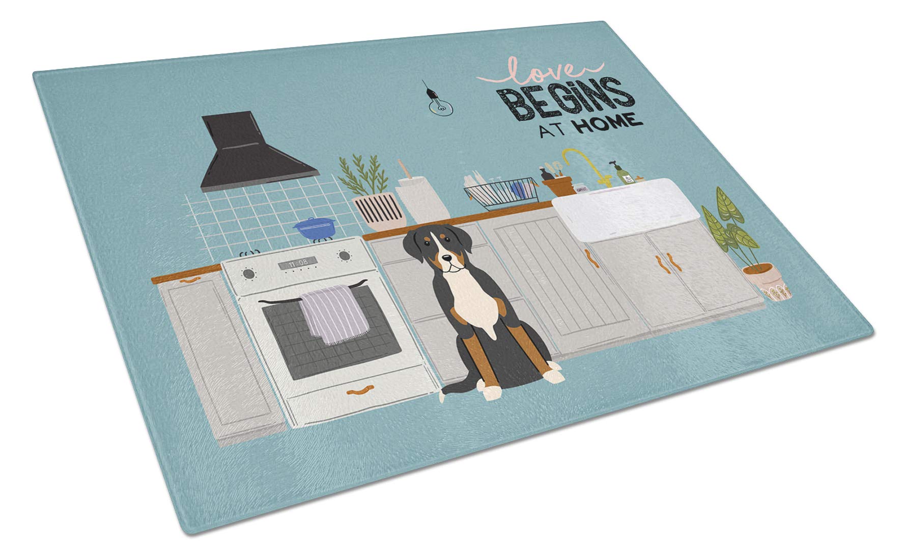 Caroline's Treasures CK7741LCB Greater Swiss Mountain Dog Kitchen Scene Glass Cutting Board Large Decorative Tempered Glass Kitchen Cutting and Serving Board Large Size Chopping Board