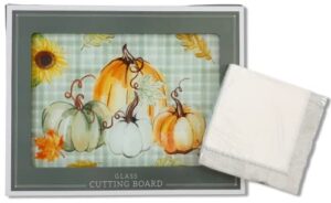 decorative glass kitchen cutting board: modern farmhouse pumpkin gourd design with green plaid background