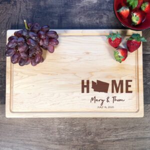 State Outline. Custom Cutting Board. Home Sweet Home. Personalized Boards. Wood Engraved. Handmade. Maple. Customized Gift.Custom Board. (Maple Wood, 9" x 12" arched with groove)