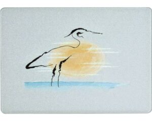tempered glass cutting board heron bird watercolor and sunset tableware kitchen decorative cutting board with non-slip legs, serving board, large size, 15" x 11"