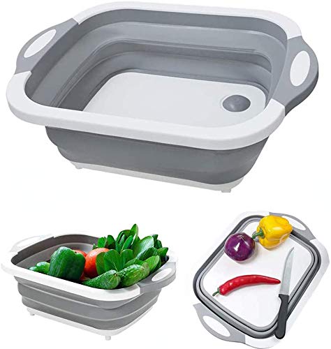 Multifunction Over The-Sink Cutting Board Collapsible Cutting Board with Dish Tub Foldable Dish Tub - Portable Washing Basin 3 In 1 Food Grade Plastic Chopping Board for Cut Vegetable, Drain Food Tray