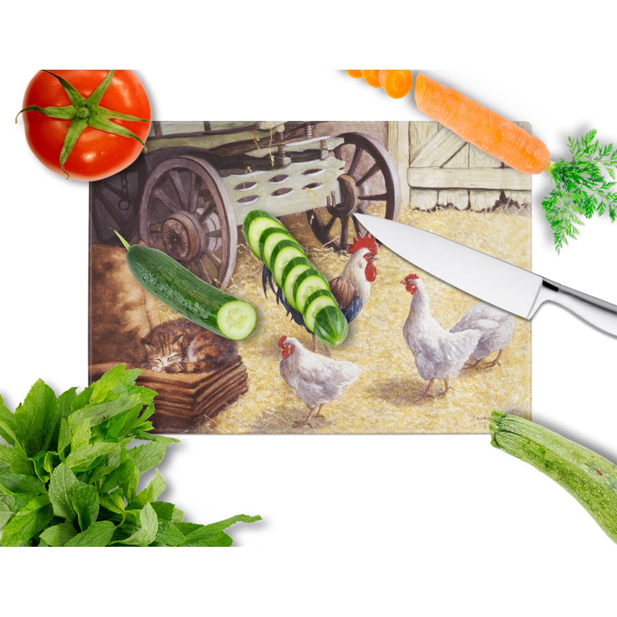 Caroline's Treasures BDBA0339LCB Rooster and Hens Chickens in the Barn Glass Cutting Board Large Decorative Tempered Glass Kitchen Cutting and Serving Board Large Size Chopping Board