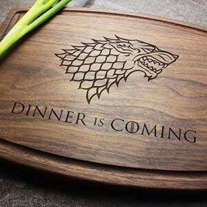 walnut artisan personalized cutting boards, custom got gift idea, wood engraved charcuterie cheese board for game of thrones fans, dinner is coming design 054