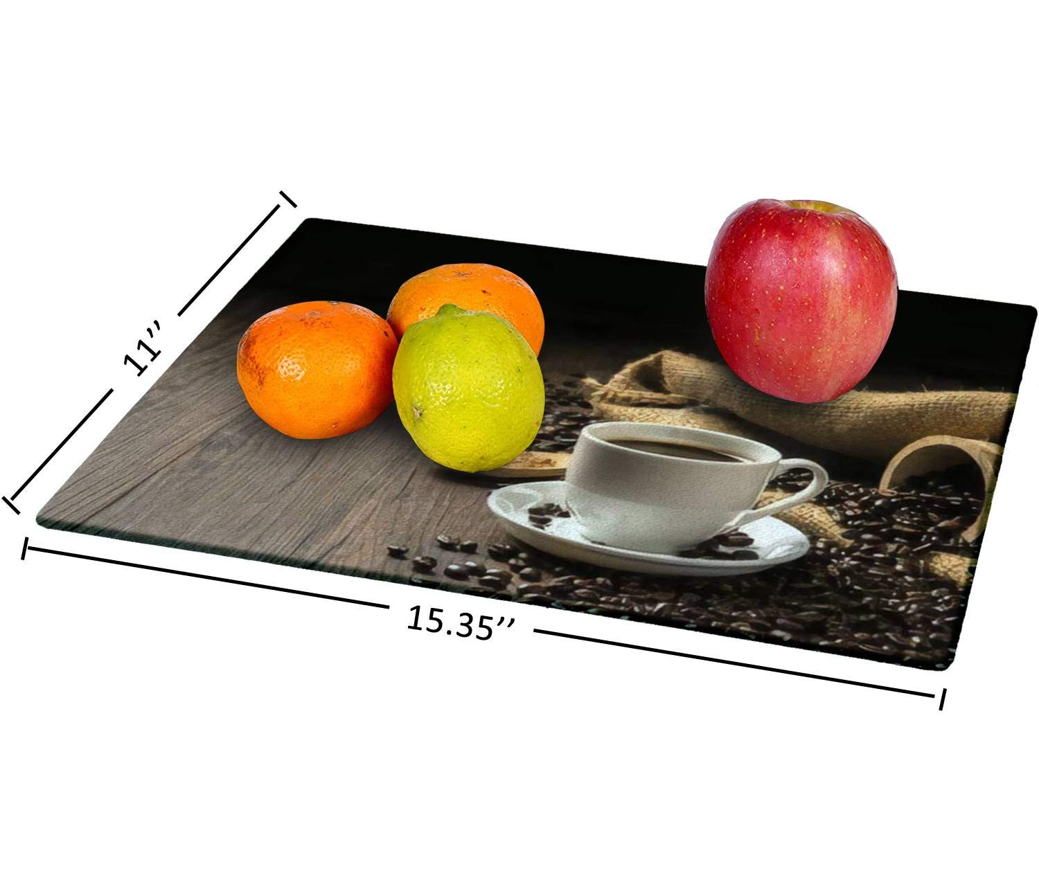 Tempered Glass Cutting Board Hot coffee in a white coffee cup and many coffee beans placed around Tableware Kitchen Decorative Cutting Board with Non-slip Legs, Serving Board, Large Size, 15" x 11"