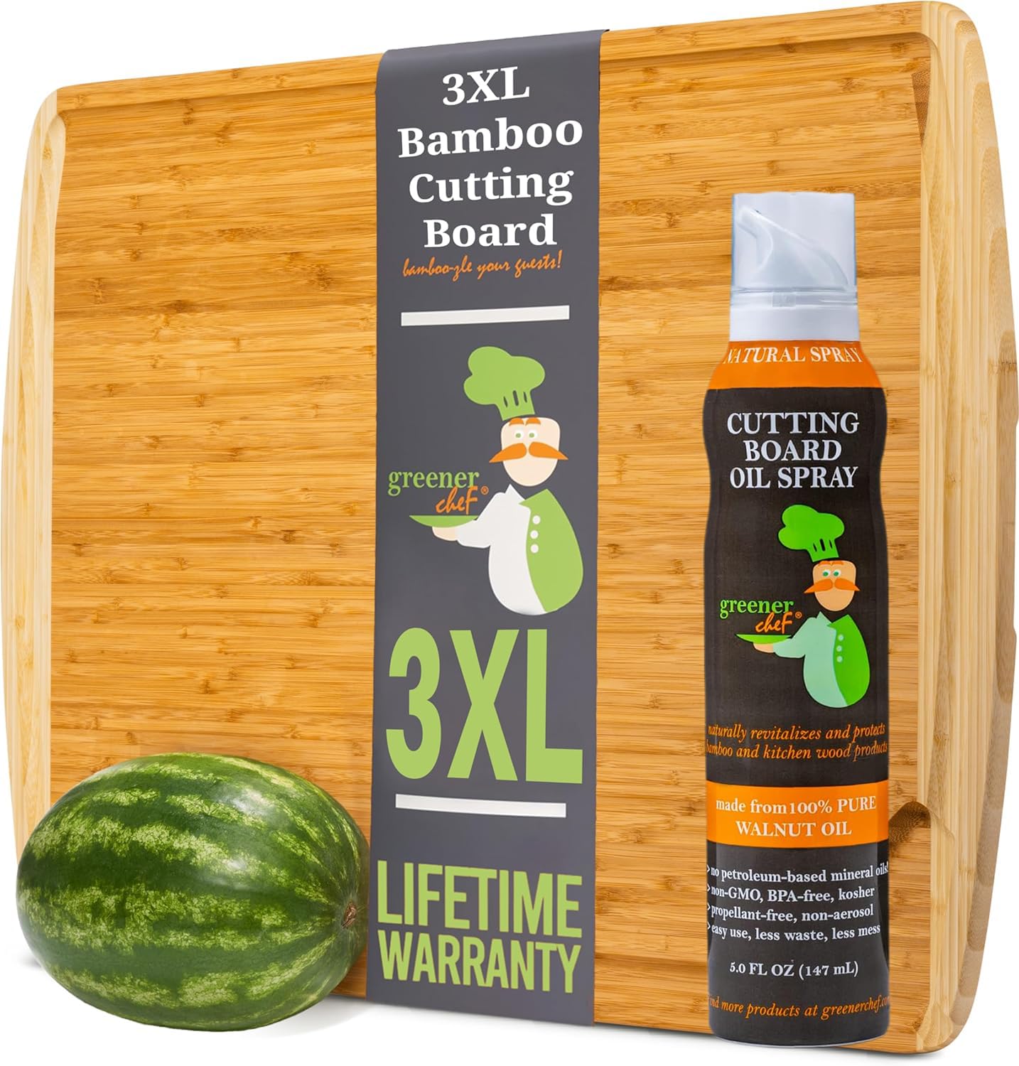 XXXL Bamboo Cutting Board and Food Grade Oil Spray by Greener Chef