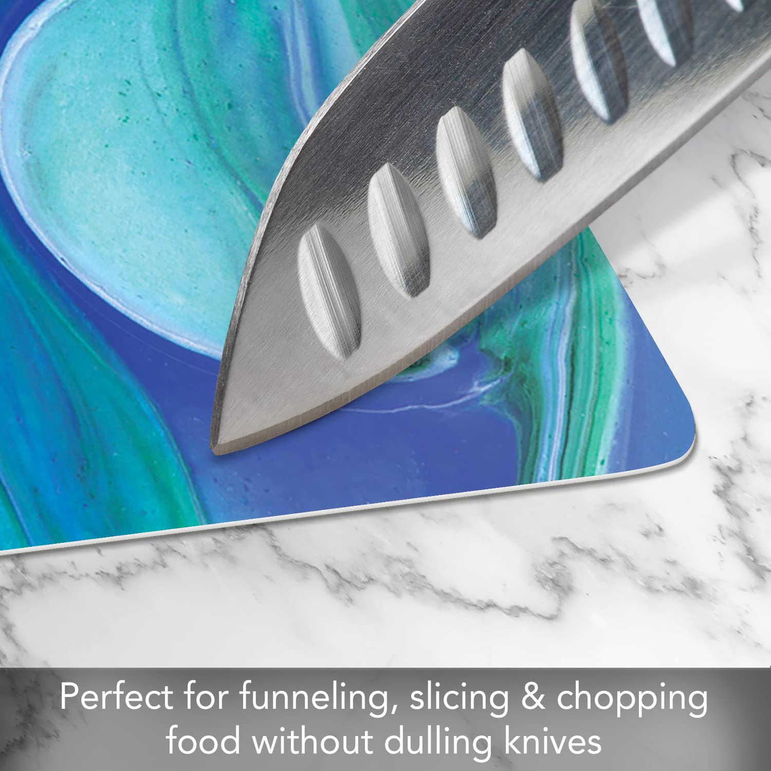 Cut N' Funnel Blue Fluidity/Royal Blue 2 Pack Designer Flexible Plastic Cutting Board Mat With Coordinating Solid Flex Mat 15" x 11.5", Made in the USA, Decorative, Flexible, Easy to Clean