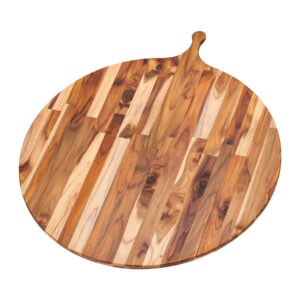 Teakhaus Atlas Pizza Serving Board with Handle - Large Round Wooden Board for Serving Pizza, Appetizers, Cheese and Bread - Perfect Charcuterie and Tapas Board - Knife Friendly - FSC Certified