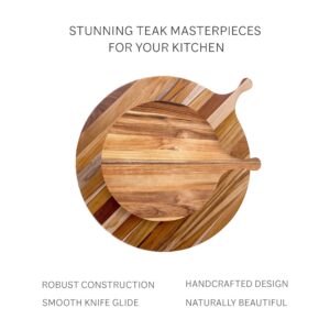 Teakhaus Atlas Pizza Serving Board with Handle - Large Round Wooden Board for Serving Pizza, Appetizers, Cheese and Bread - Perfect Charcuterie and Tapas Board - Knife Friendly - FSC Certified