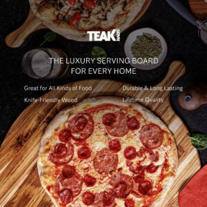 Teakhaus Atlas Pizza Serving Board with Handle - Large Round Wooden Board for Serving Pizza, Appetizers, Cheese and Bread - Perfect Charcuterie and Tapas Board - Knife Friendly - FSC Certified