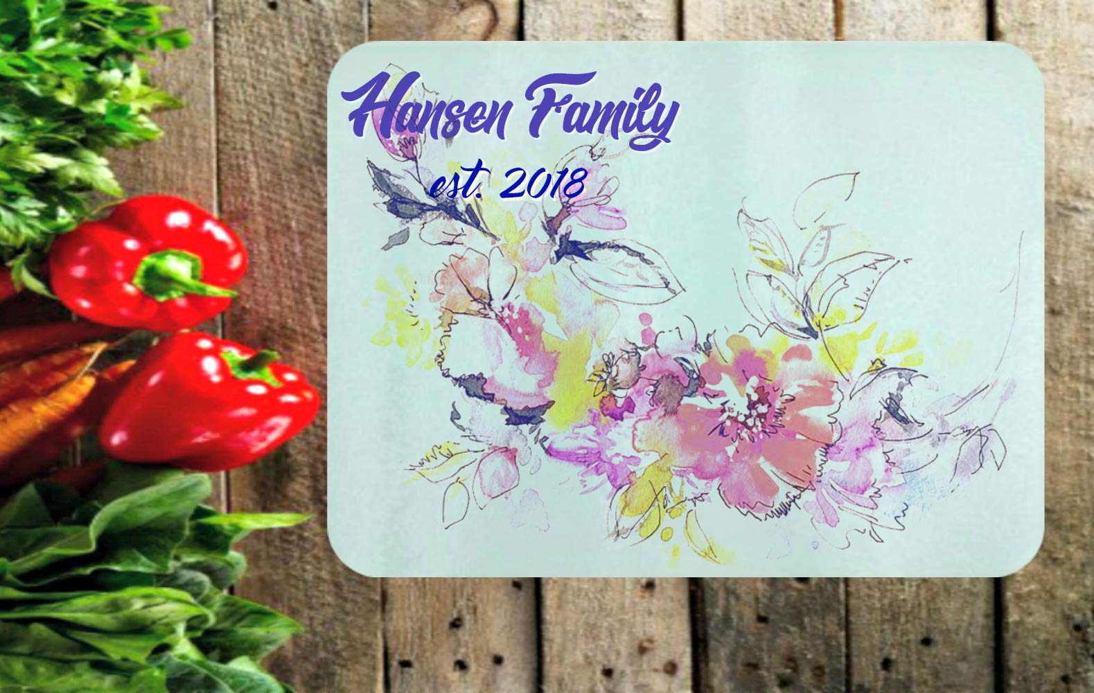 Custom Glass Cutting Board, Tempered Glass, Personalized with your choice of names, fonts and colors, all on a beautiful floral background