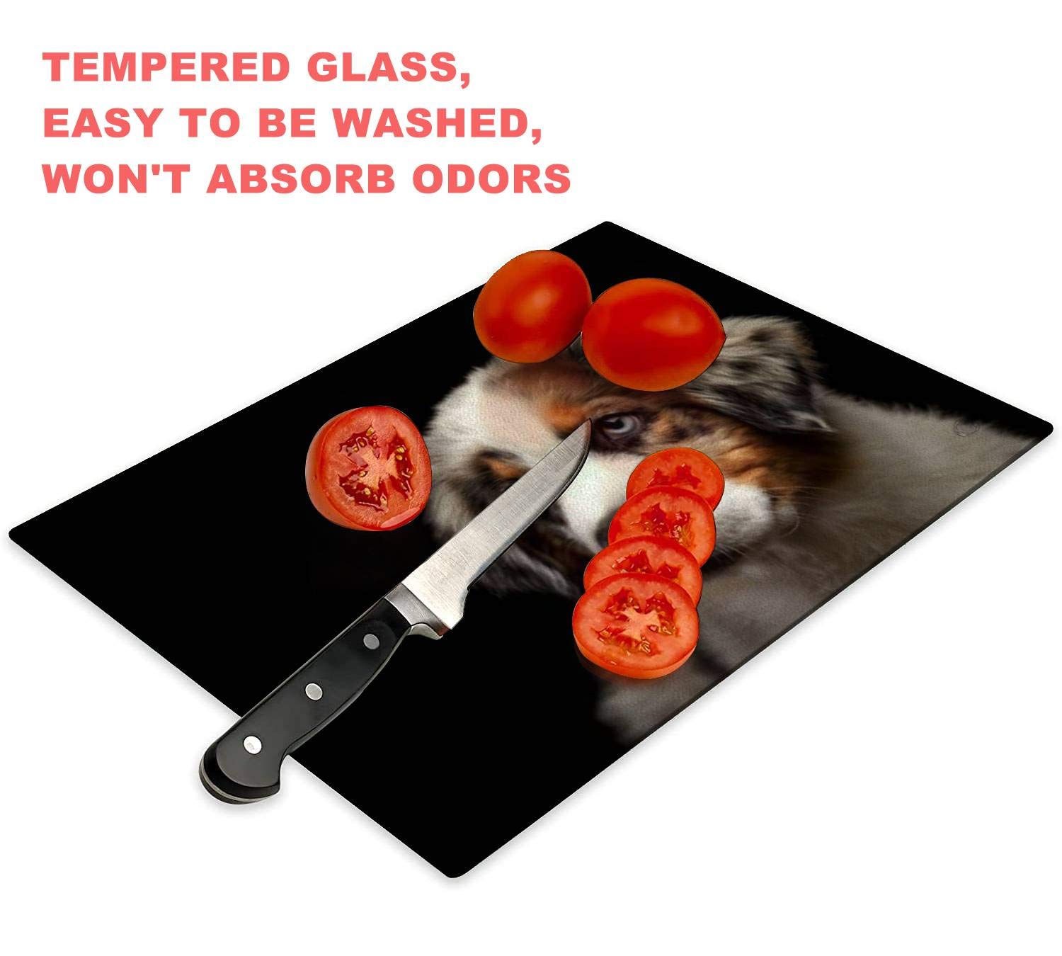 Tempered Glass Cutting Board Cute puppy Australian Shepherd blue merle dog portrait Tableware Kitchen Decorative Cutting Board with Non-slip Legs, Serving Board, Large Size, 15" x 11"