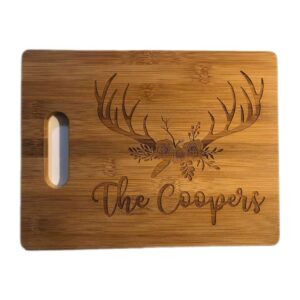 deer antler buck rack floral custom personalized cutting board laser engraved wooden bamboo cutting board kitchen anniversary boho wedding housewarming gift charcuterie tray