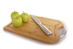 organic bamboo cutting board with juice groove- best kitchen chopping board for meat (butcher block) cheese and vegetables | anti microbial heavy duty serving tray w/stainless steel handles