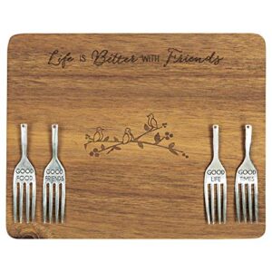pavilion gift company life is better with friends birds 7 x 9 inch cutting cheese board, set of 4 forks with debossed text, 9", brown