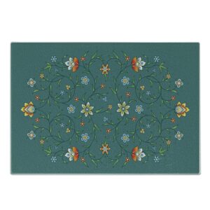 ambesonne floral cutting board, ornamental flowers design flourishing streaks, decorative tempered glass cutting and serving board, small size, teal orange