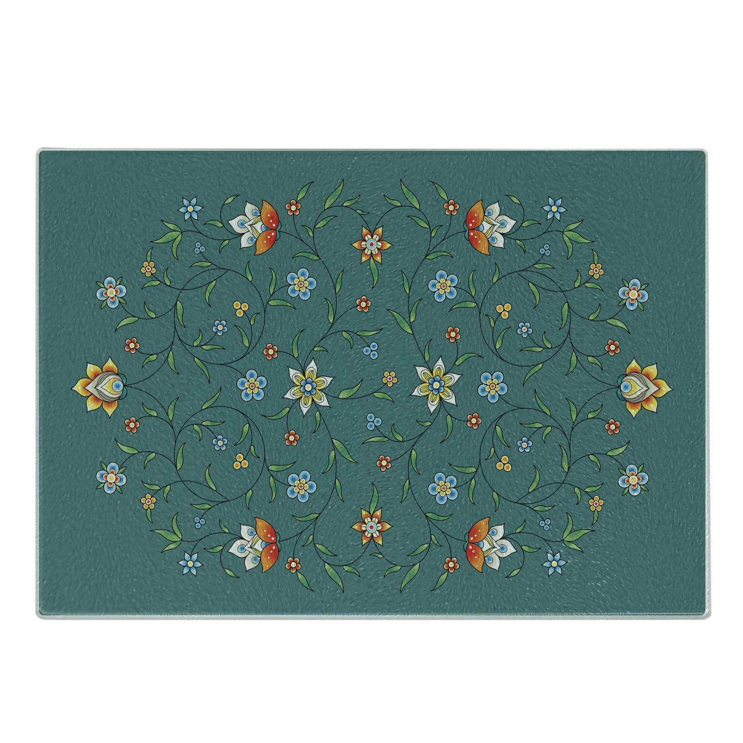 Ambesonne Floral Cutting Board, Ornamental Flowers Design Flourishing Streaks, Decorative Tempered Glass Cutting and Serving Board, Small Size, Teal Orange