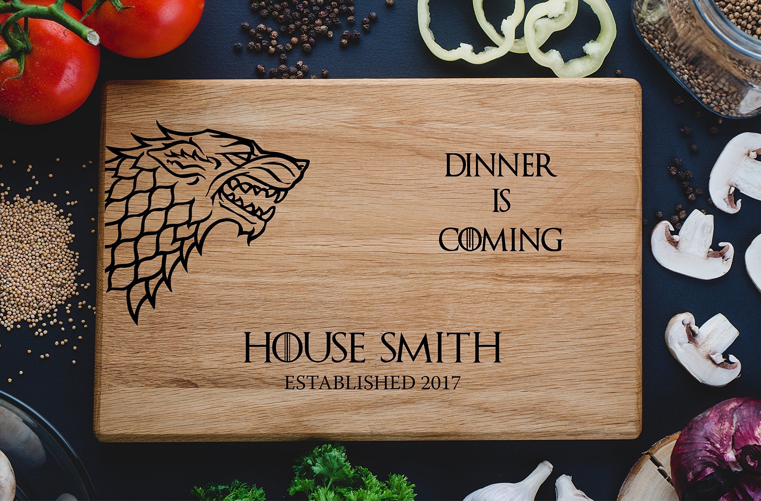 Personalized Cutting Board Dinner is coming Games of thrones House Stark Direwolf Engraved Custom Family chopping Wedding Gift Anniversary Housewarming Birthday game01