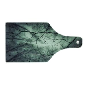 lunarable horror house cutting board, fantasy forest bottom to top shadow birch trees trippy autumn, decorative tempered glass cutting and serving board, wine bottle shape, blue black