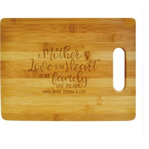 personalized mother's day cutting board, a mother's love is the heart of the family with custom names, engraved bamboo cutting board, 100% bamboo