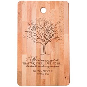 personalized bamboo cutting board reads all that we are we owe to our loving parents for bride and groom wedding ideas for him, her, couples established dates to remember 11"w x 18"h