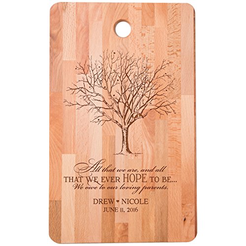 Personalized bamboo Cutting Board reads All that we are We owe to our loving parents for bride and groom Wedding Ideas for Him, Her, Couples Established Dates to Remember 11"w x 18"h