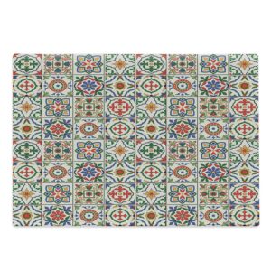 lunarable geometric cutting board, inspirations in portuguese azulejo ceramic pattern traditional mosaics, decorative tempered glass cutting and serving board, large size, multicolor