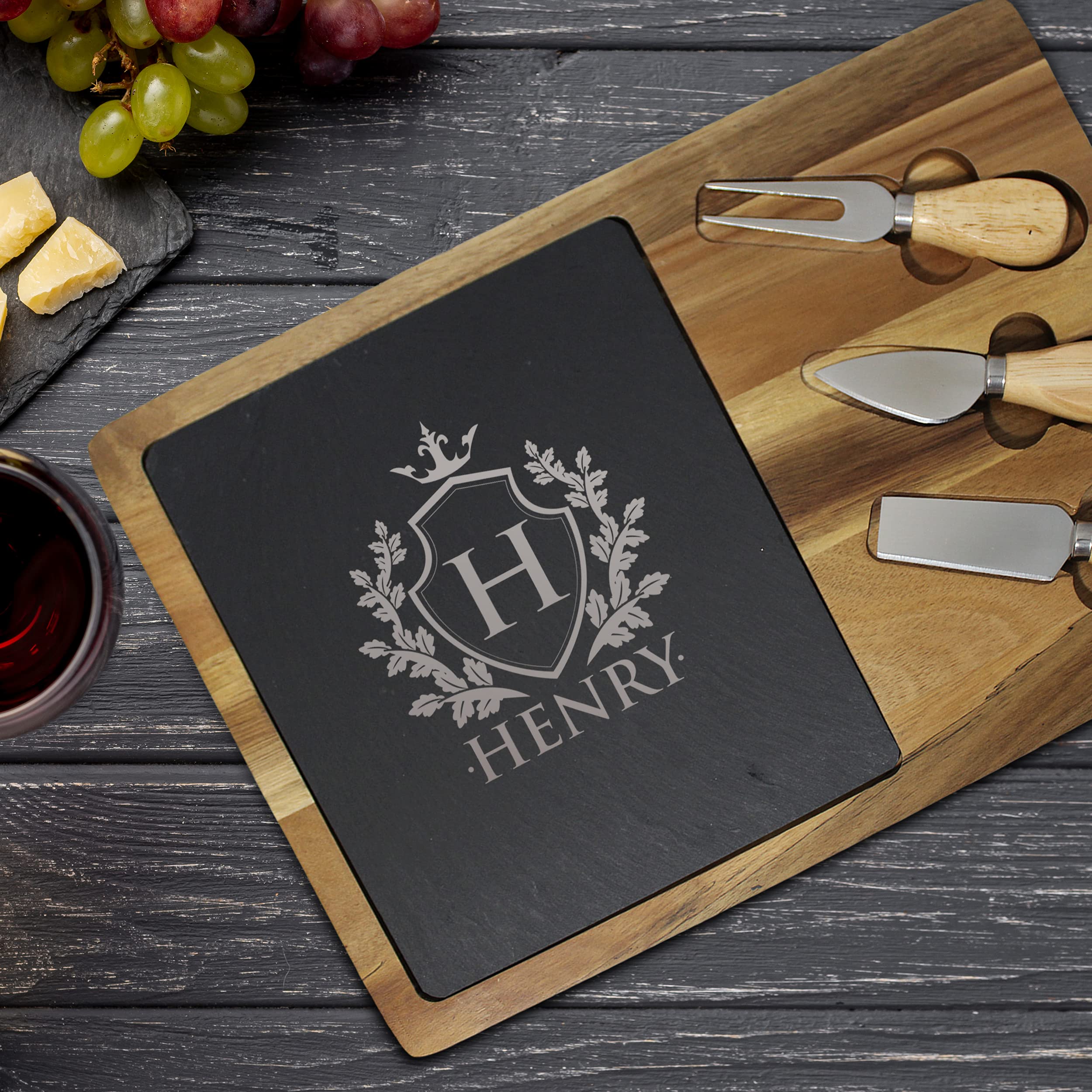 My Personal Memories Premium Personalized Acacia and Slate Cheese and Charcuterie Serving Board with Tools Included (Rectangle 10" x 14")