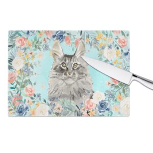 Caroline's Treasures CK3393LCB Maine Coon Spring Flowers Glass Cutting Board Large Decorative Tempered Glass Kitchen Cutting and Serving Board Large Size Chopping Board