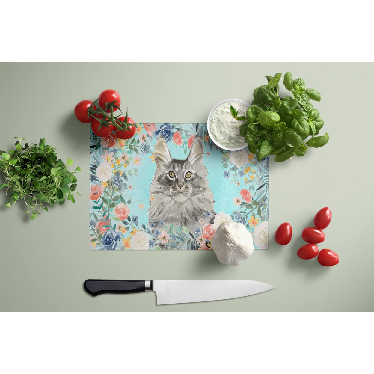 Caroline's Treasures CK3393LCB Maine Coon Spring Flowers Glass Cutting Board Large Decorative Tempered Glass Kitchen Cutting and Serving Board Large Size Chopping Board