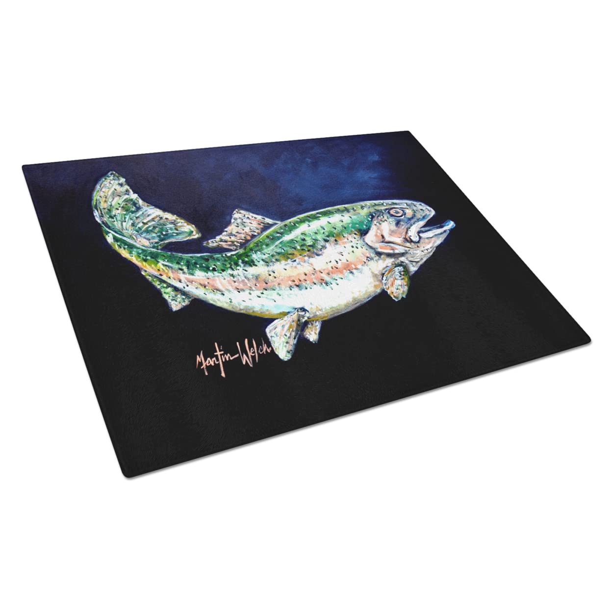 Caroline's Treasures MW1213LCB Deep Blue Rainbow Trout Glass Cutting Board Large Decorative Tempered Glass Kitchen Cutting and Serving Board Large Size Chopping Board