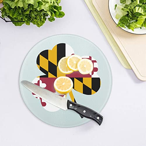 Maryland Flag Shamrock Glass Cutting Board Round Kitchen Decorative Chopping Blocks Mats Food Tray for Men Women